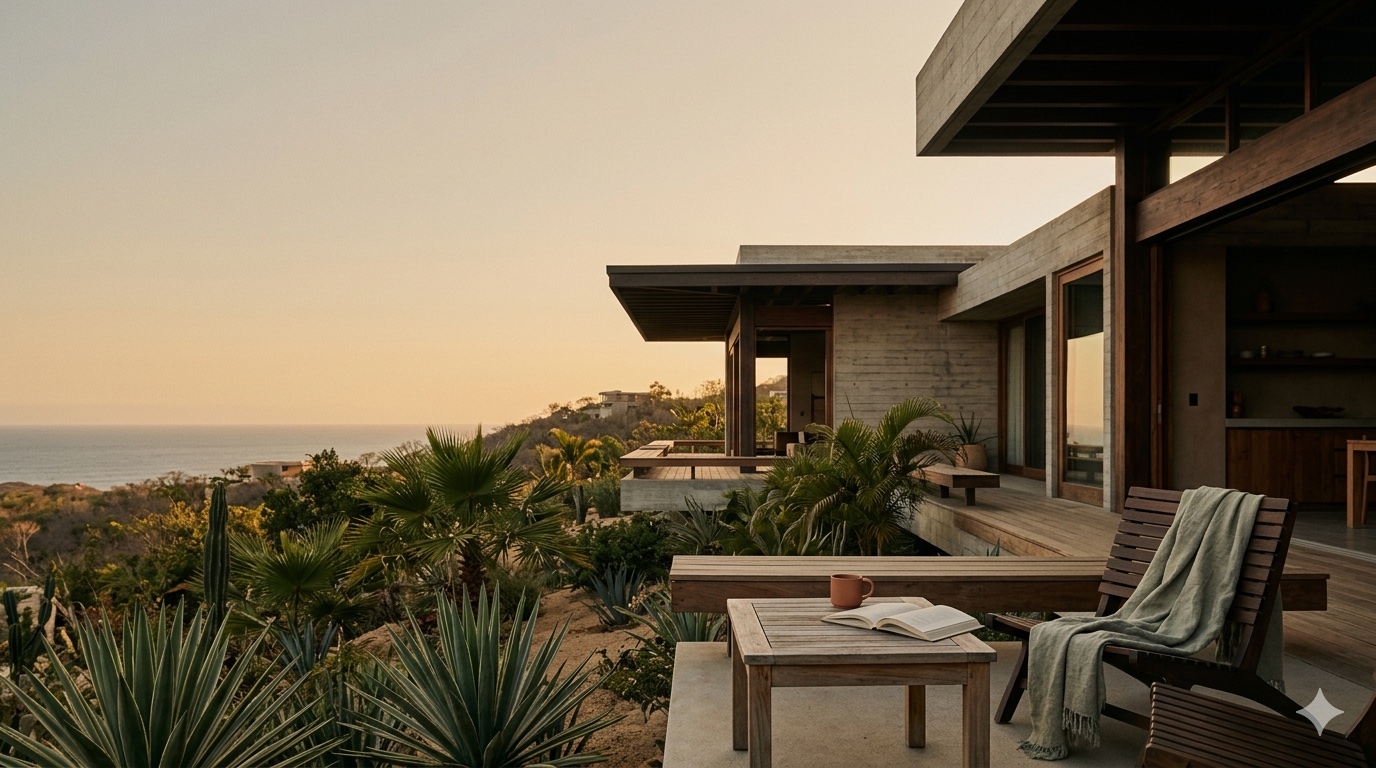 Modern concrete-and-wood villa on a Mexican Pacific-coast hillside at sunset, with cacti and agave in the foreground